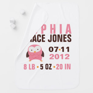 Cute Pink Owl Birth Announcement Receiving Blanket