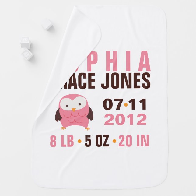 Cute Pink Owl Birth Announcement Receiving Blanket (In Situ)
