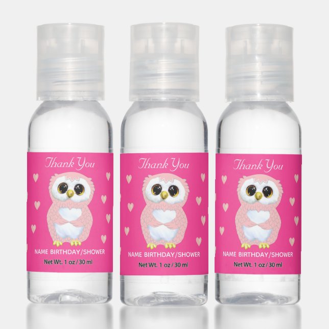 Cute Pink Owl Birthday or Shower Thank You Favor Hand Sanitizer (Set)