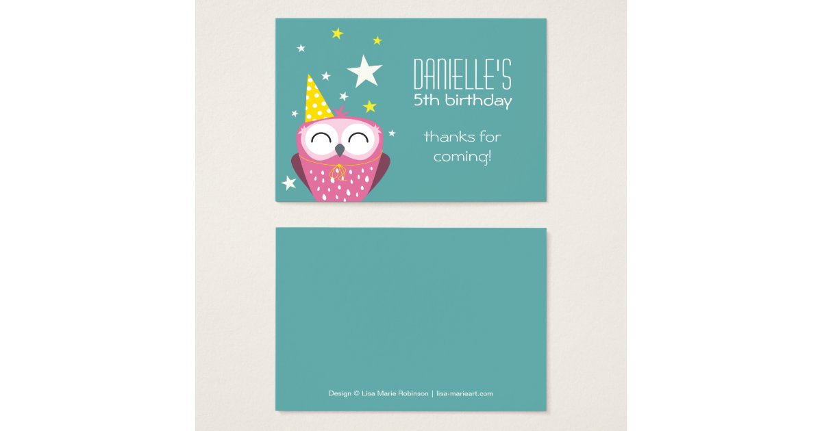 Cute Pink Owl Birthday Thank You Party Favors Business Card Zazzle
