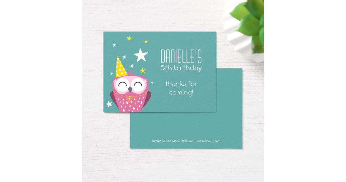 Cute Pink Owl Birthday Thank You Party Favors Business Card Zazzle