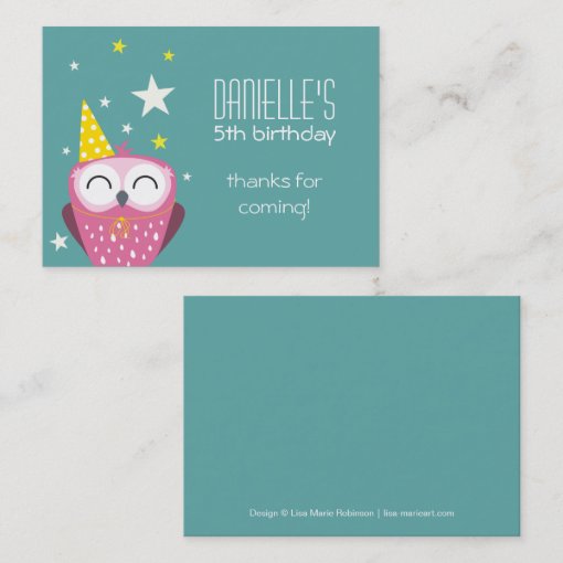 Cute Pink Owl Birthday Thank You Party Favors Business Card Zazzle