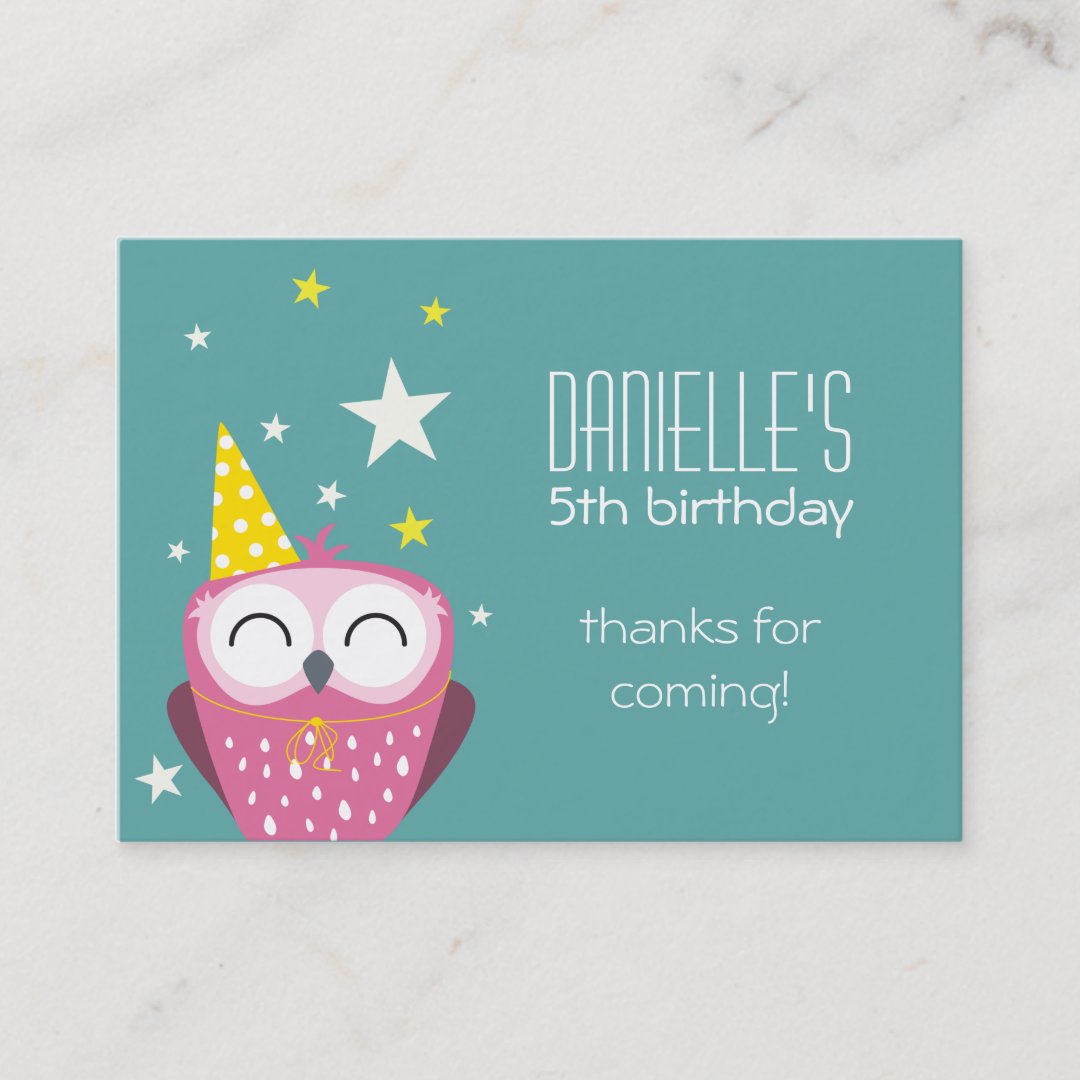 Cute Pink Owl Birthday Thank You Party Favors Business Card Zazzle