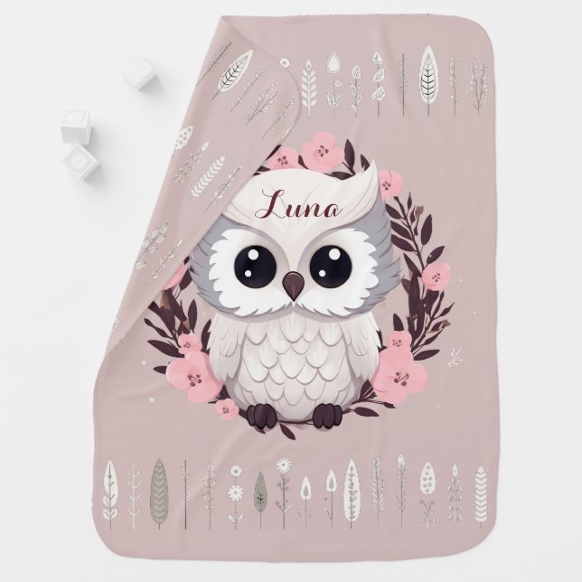 Cute Pink Owl Boho Personalized Baby Blanket (In Situ)