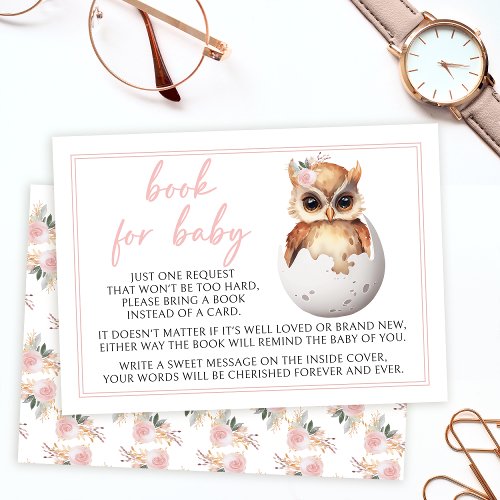 Cute pink owl book for baby girl shower card
