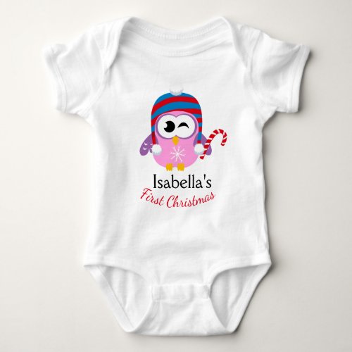 Cute Pink Owl Candy Cane Babys First Christmas  Baby Bodysuit