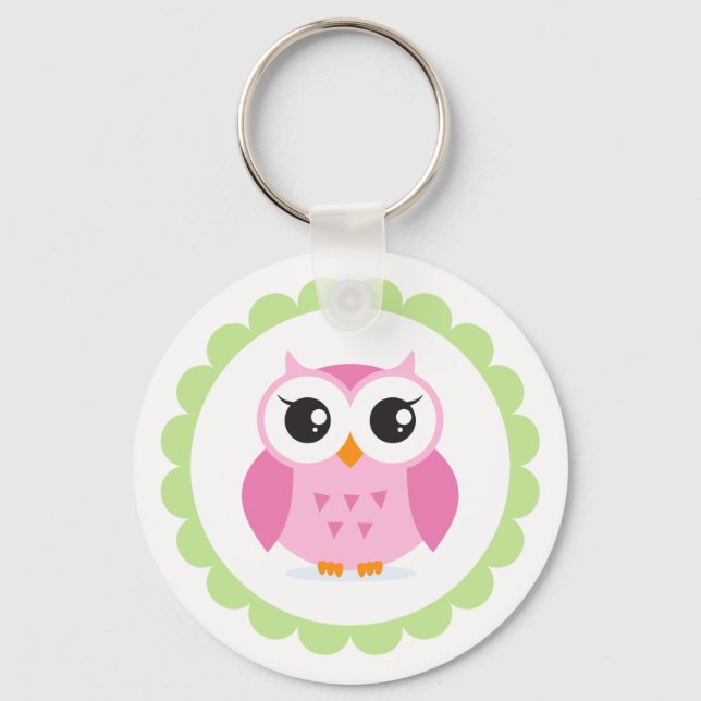 Cute pink owl cartoon inside green border keychain (Front)