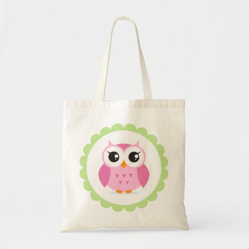 Cute pink owl cartoon inside green border tote bag | Zazzle