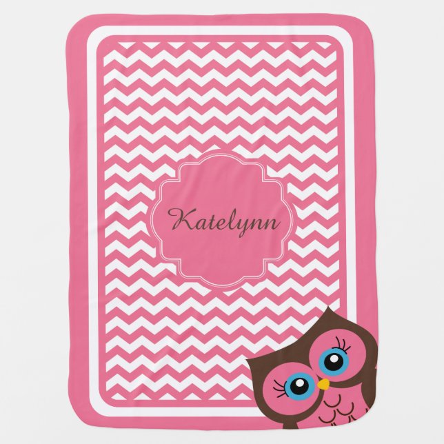 Cute Pink Owl Chevron Pattern Custom Baby Blanket (Front)