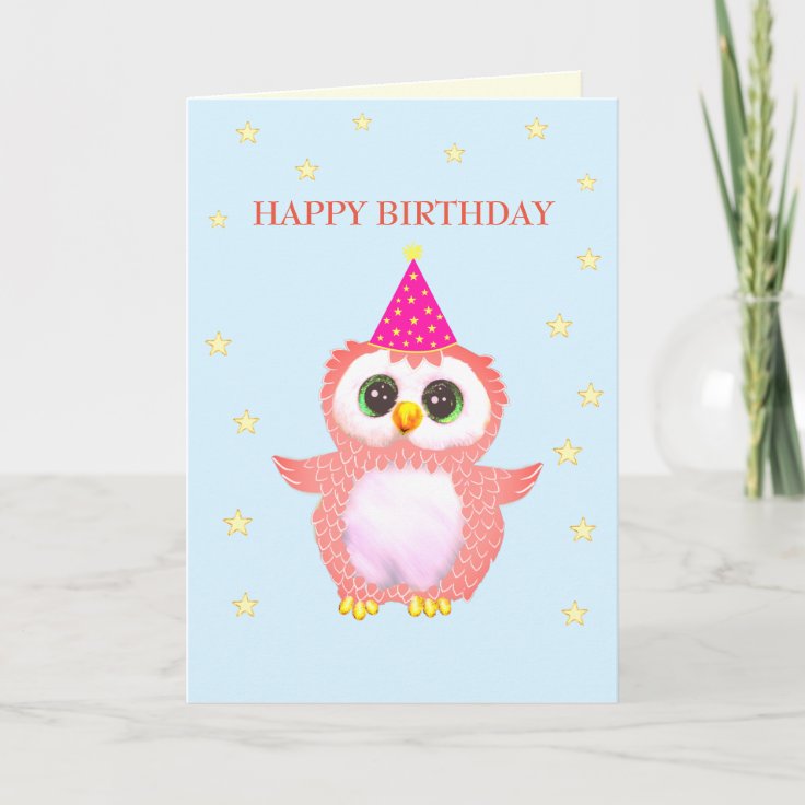 Cute Pink Owl & Editable Birthday Wishes Card | Zazzle