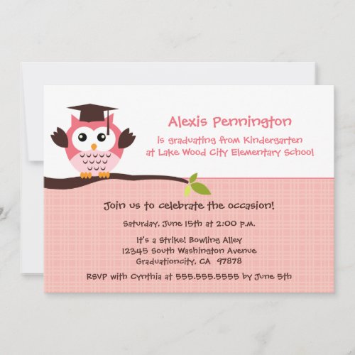 Cute pink owl elementary girl's graduation party custom invite