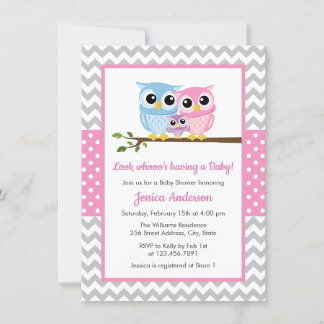Cute Pink Owl Family Gray Chevron Girl Baby Shower Invitation