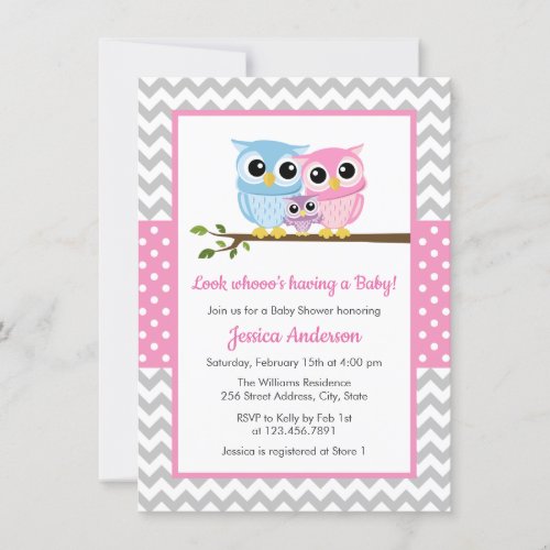 Cute Pink Owl Family Gray Chevron Girl Baby Shower Invitation