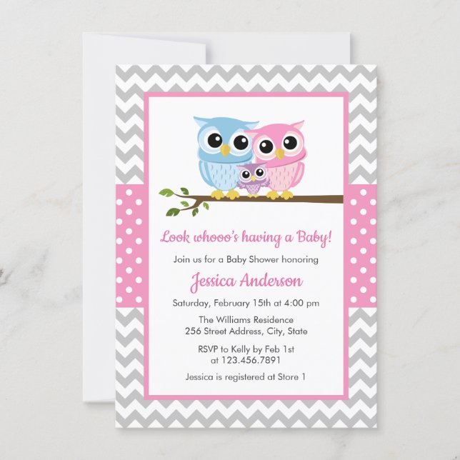 Cute Pink Owl Family Gray Chevron Girl Baby Shower Invitation (Front)