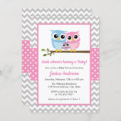 Cute Pink Owl Family Gray Chevron Girl Baby Shower Invitation (Front/Back)