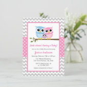 Cute Pink Owl Family Gray Chevron Girl Baby Shower Invitation (Standing Front)