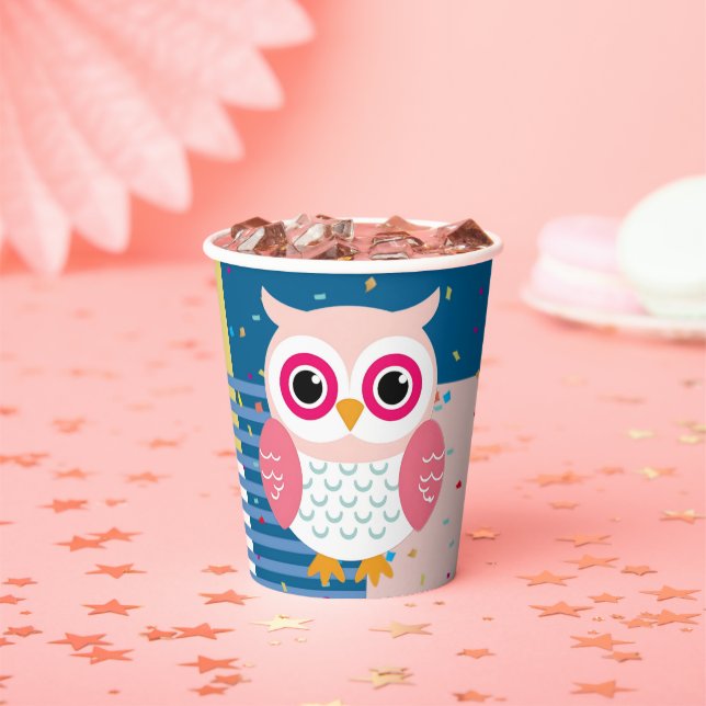 Cute Pink Owl Gender Neutral Woodland Baby Shower Paper Cups (Insitu)