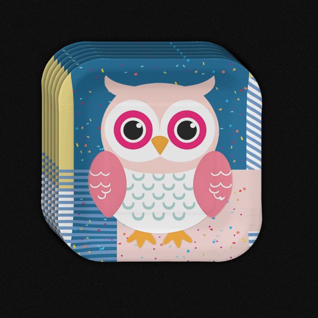 Cute Pink Owl Gender Neutral Woodland Baby Shower Paper Plates (Creator Uploaded)