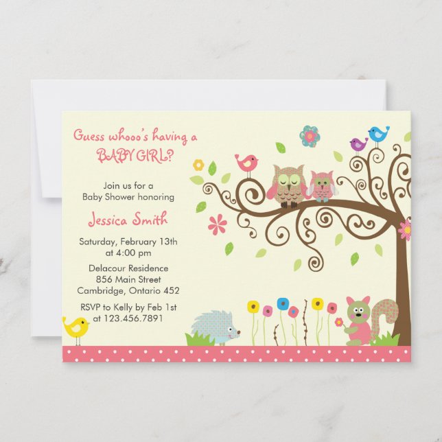 Cute Pink Owl Girl Baby Shower Invitation (Front)
