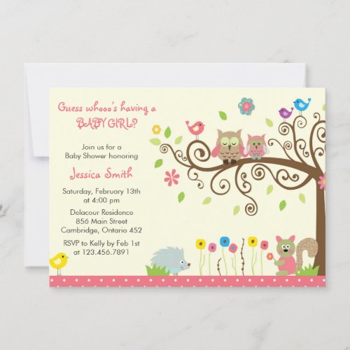 Cute Pink Owl Girl Baby Shower Invitations