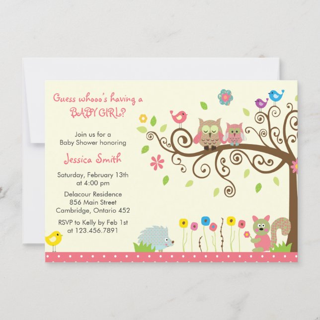 Cute Pink Owl Girl Baby Shower Invitations (Front)