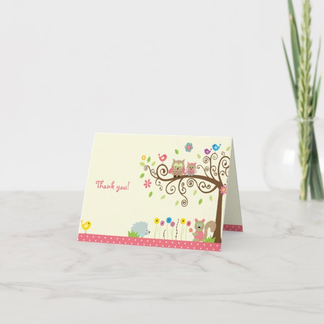 Cute Pink Owl Girl Baby Shower Thank You Cards (Front)