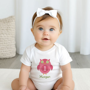 Cute Pink Owl Girl Name First Birthday Baby Bodysuit