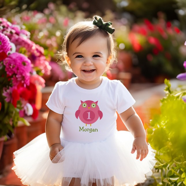 Cute Pink Owl Girl Name First Birthday Pink Baby T-Shirt (Creator Uploaded)