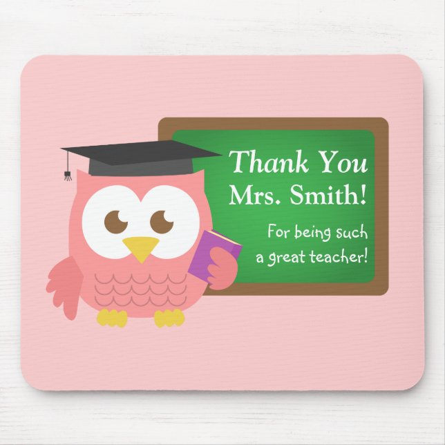 Cute Pink Owl Graduation Hat Personalized Mouse Pad (Front)