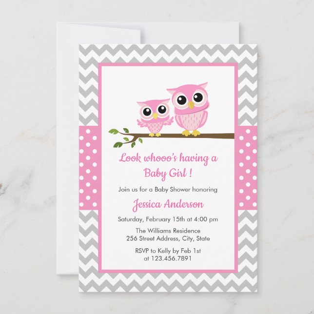 Cute Pink Owl Gray Chevron Girl Baby Shower Invitation (Front)