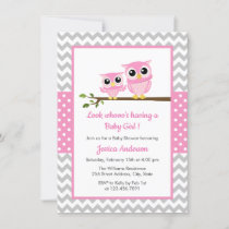 Cute Pink Owl Gray Chevron Girl Baby Shower Invitation