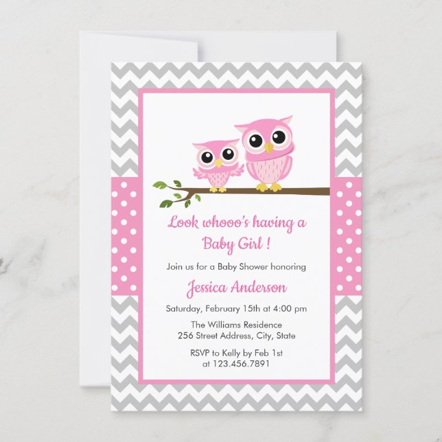 Cute Pink Owl Gray Chevron Girl Baby Shower Invitation (Front)
