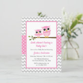 Cute Pink Owl Gray Chevron Girl Baby Shower Invitation (Standing Front)
