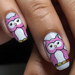 Cute Pink Owl Hand-painted Gray Whimsical Trendy Minx Nail Art