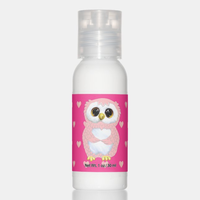 Cute pink owl, hearts on magenta hand lotion (Front)