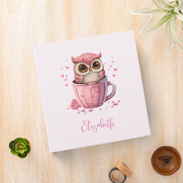 Cute Pink Owl in a Cup 3 Ring Binder (In Situ)