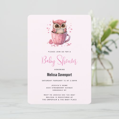 Cute Pink Owl in a Cup Baby Shower Invitation