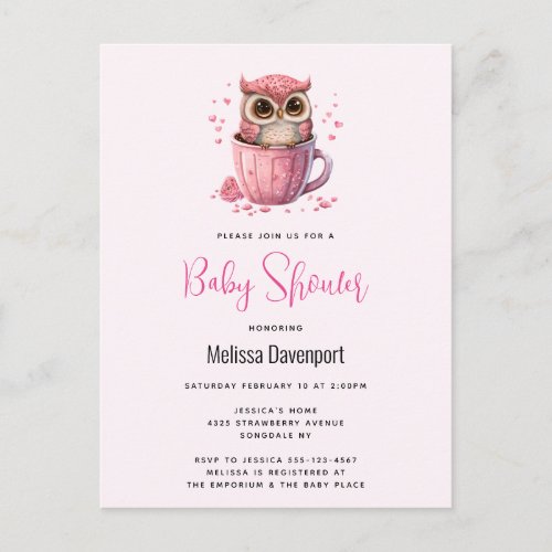 Cute Pink Owl in a Cup Baby Shower Postcard