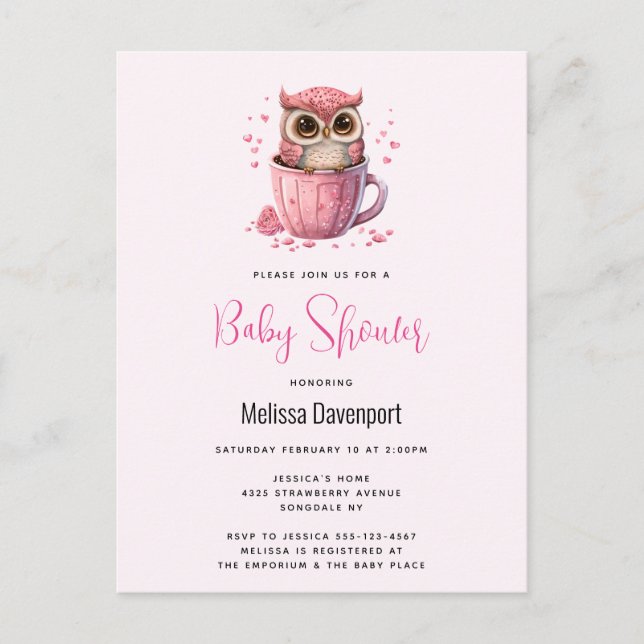 Cute Pink Owl in a Cup Baby Shower Postcard (Front)