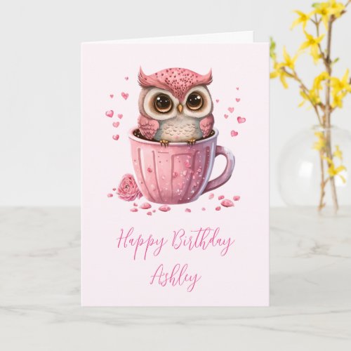 Cute Pink Owl in a Cup Birthday Card