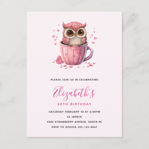 Cute Pink Owl in a Cup Birthday Postcard