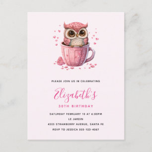 Cute Pink Owl in a Cup Birthday Postcard