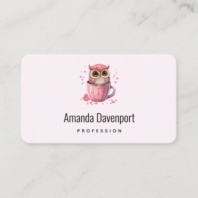 Cute Pink Owl in a Cup Business Card (Front)