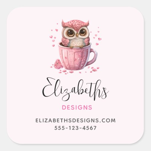 Cute Pink Owl in a Cup Business Square Sticker