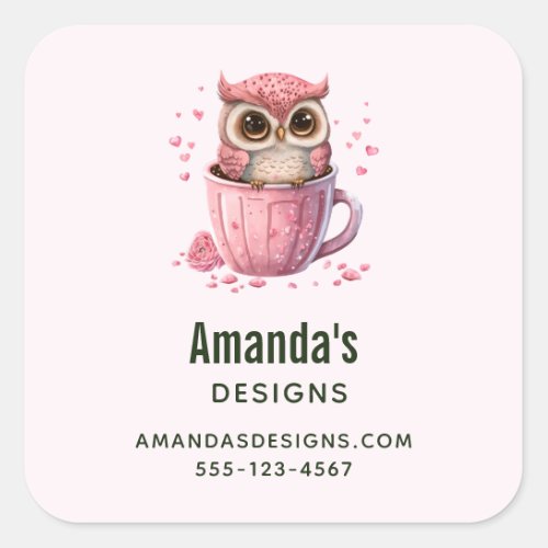 Cute Pink Owl in a Cup Business Square Sticker