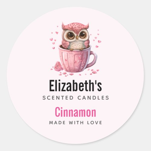 Cute Pink Owl in a Cup Candle Biz Classic Round Sticker