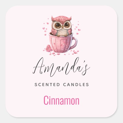 Cute Pink Owl in a Cup Candle Biz Square Sticker