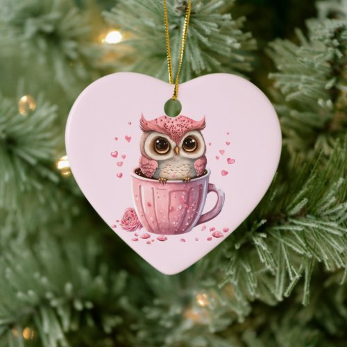 Cute Pink Owl in a Cup Ceramic Ornament