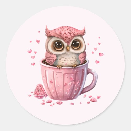Cute Pink Owl in a Cup Classic Round Sticker