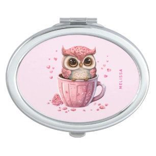 Cute Pink Owl in a Cup Compact Mirror